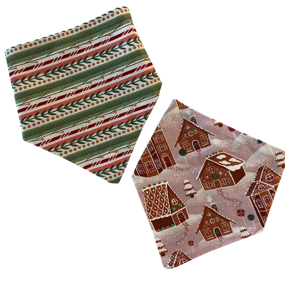 Gingerbread House & Holiday Stripe Reversible Pet Bandana