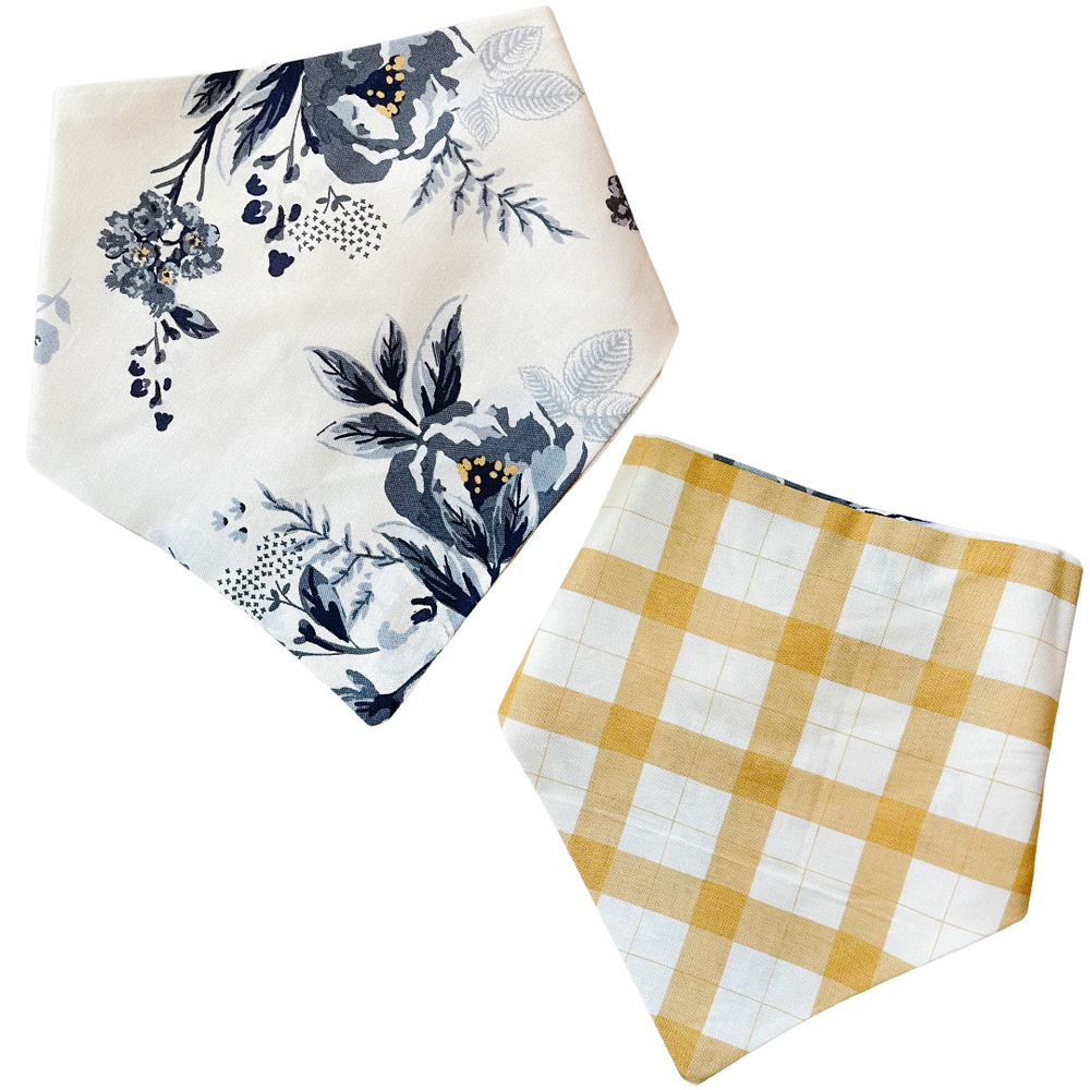 
            
                Load image into Gallery viewer, Blue &amp;amp; White Floral with Yellow Plaid Reversible Pet Bandana
            
        