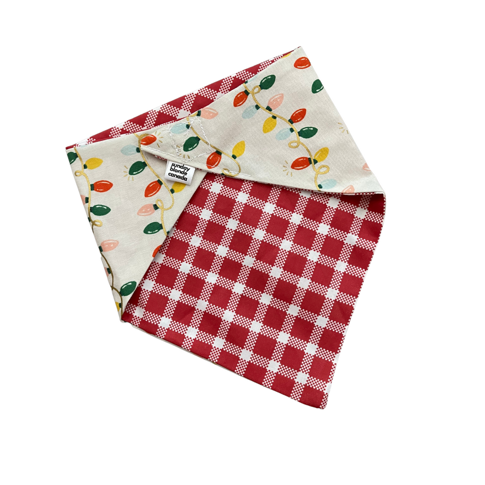 
            
                Load image into Gallery viewer, Holiday Lights &amp;amp; Red Plaid Reversible Pet Bandana
            
        