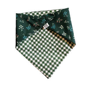 Dark Green Botanical & Green Checkered Reversible Pet Bandana