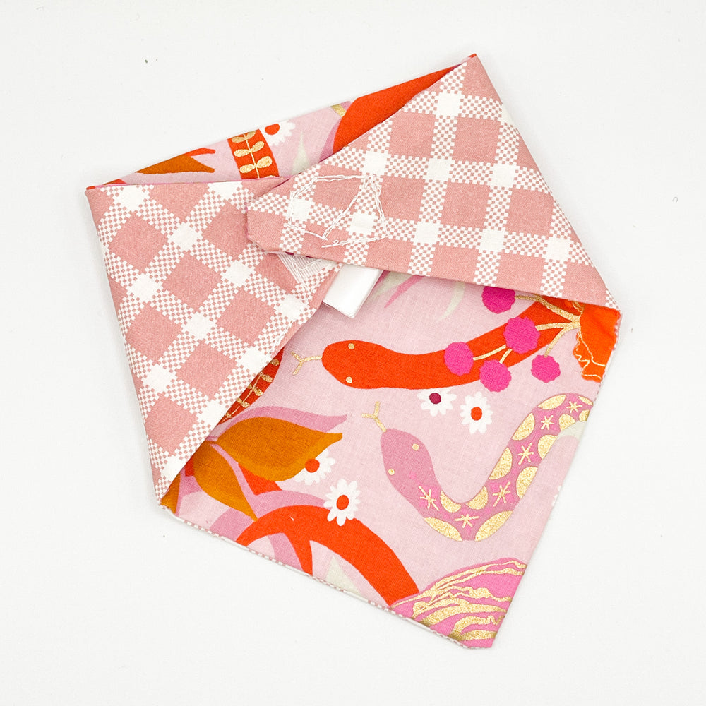 
            
                Load image into Gallery viewer, Pink &amp;amp; Gold Floral with Pink Plaid Reversible Pet Bandana
            
        