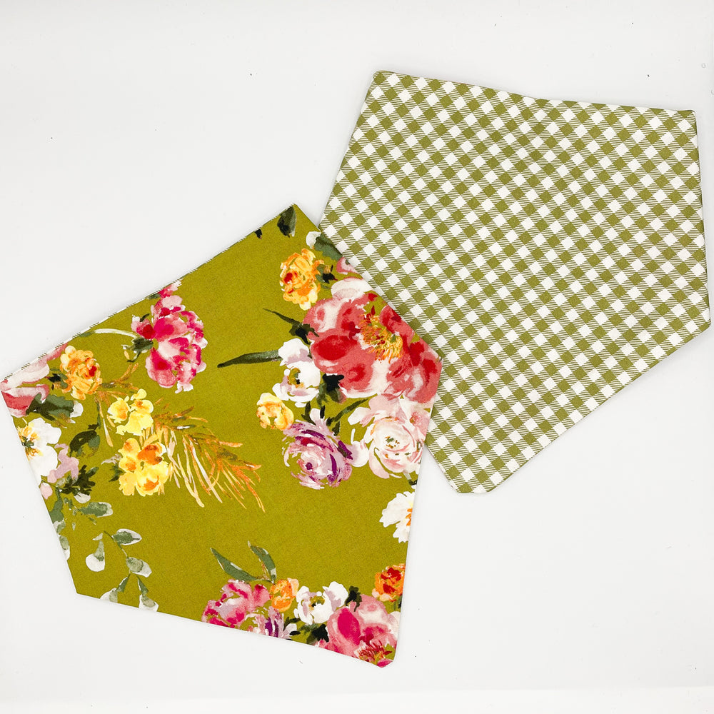 
            
                Load image into Gallery viewer, Green Floral with Green Plaid Reversible Pet Bandana
            
        