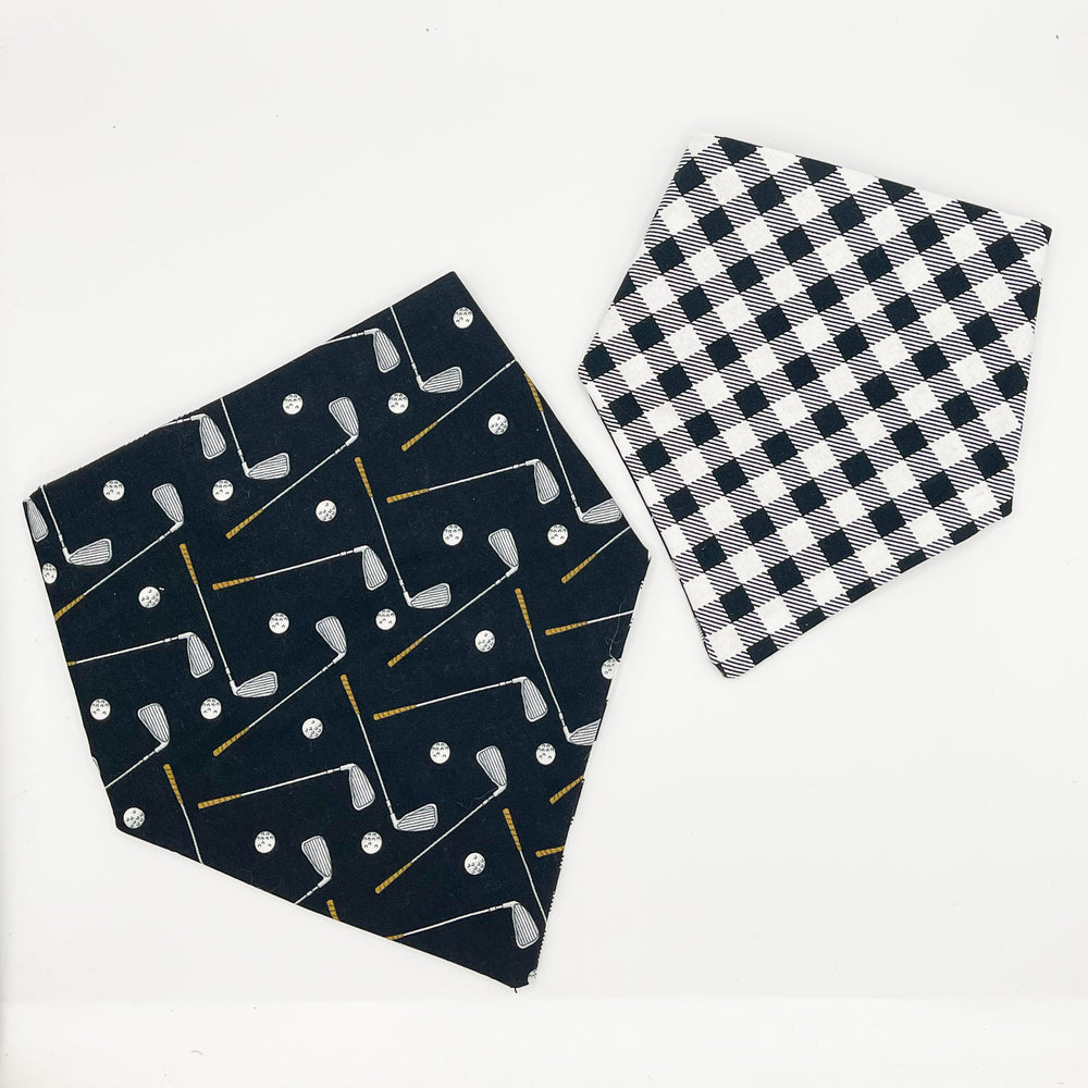 
            
                Load image into Gallery viewer, Golf &amp;amp; Black with White Plaid Reversible Pet Bandana
            
        