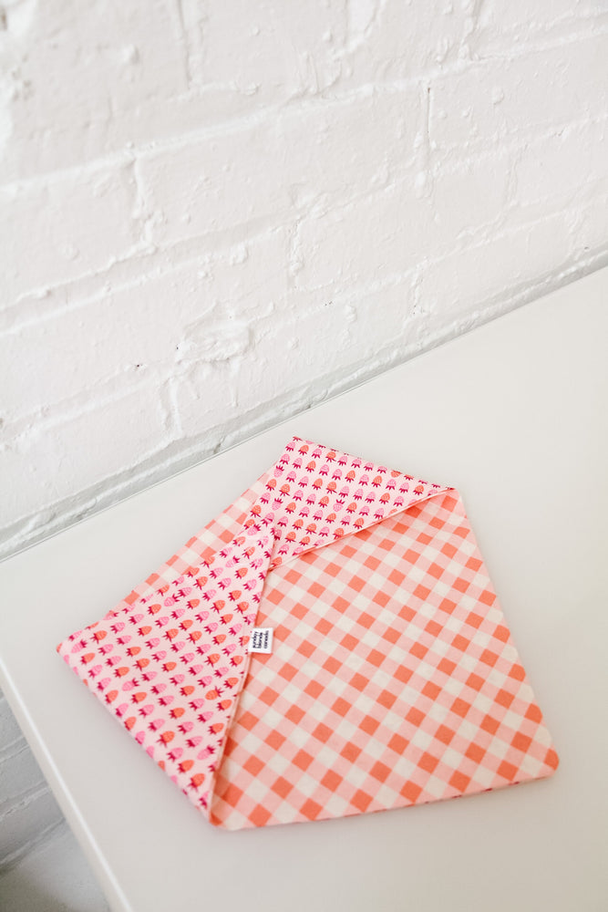 
            
                Load image into Gallery viewer, Strawberries &amp;amp; Pink Checkered Reversible Pet Bandana
            
        